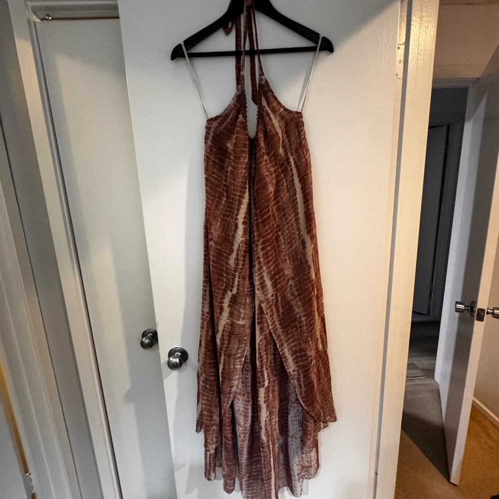 Elegant Brown Tie-Dye Halter Dress